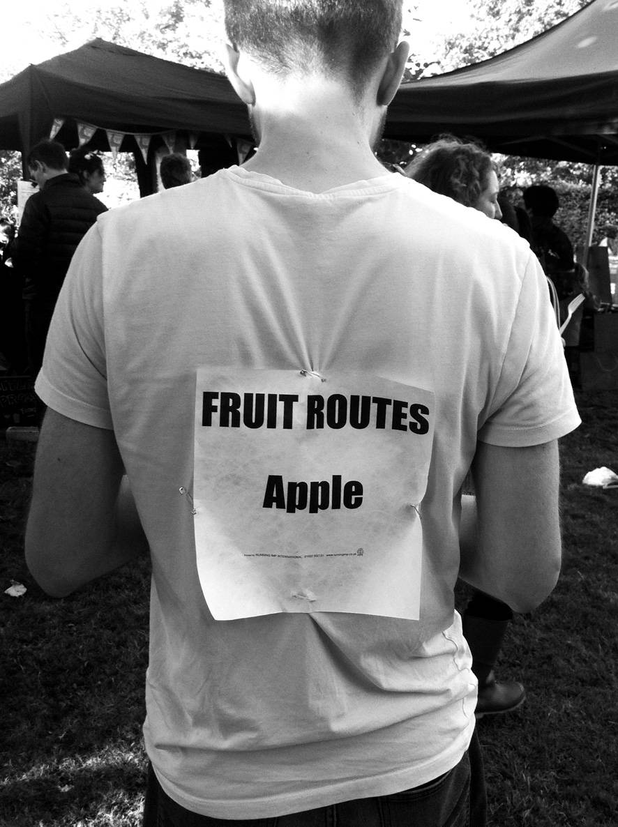 A person's back with a piece of paper attached to their back which reads "Fruit Routes Apple".