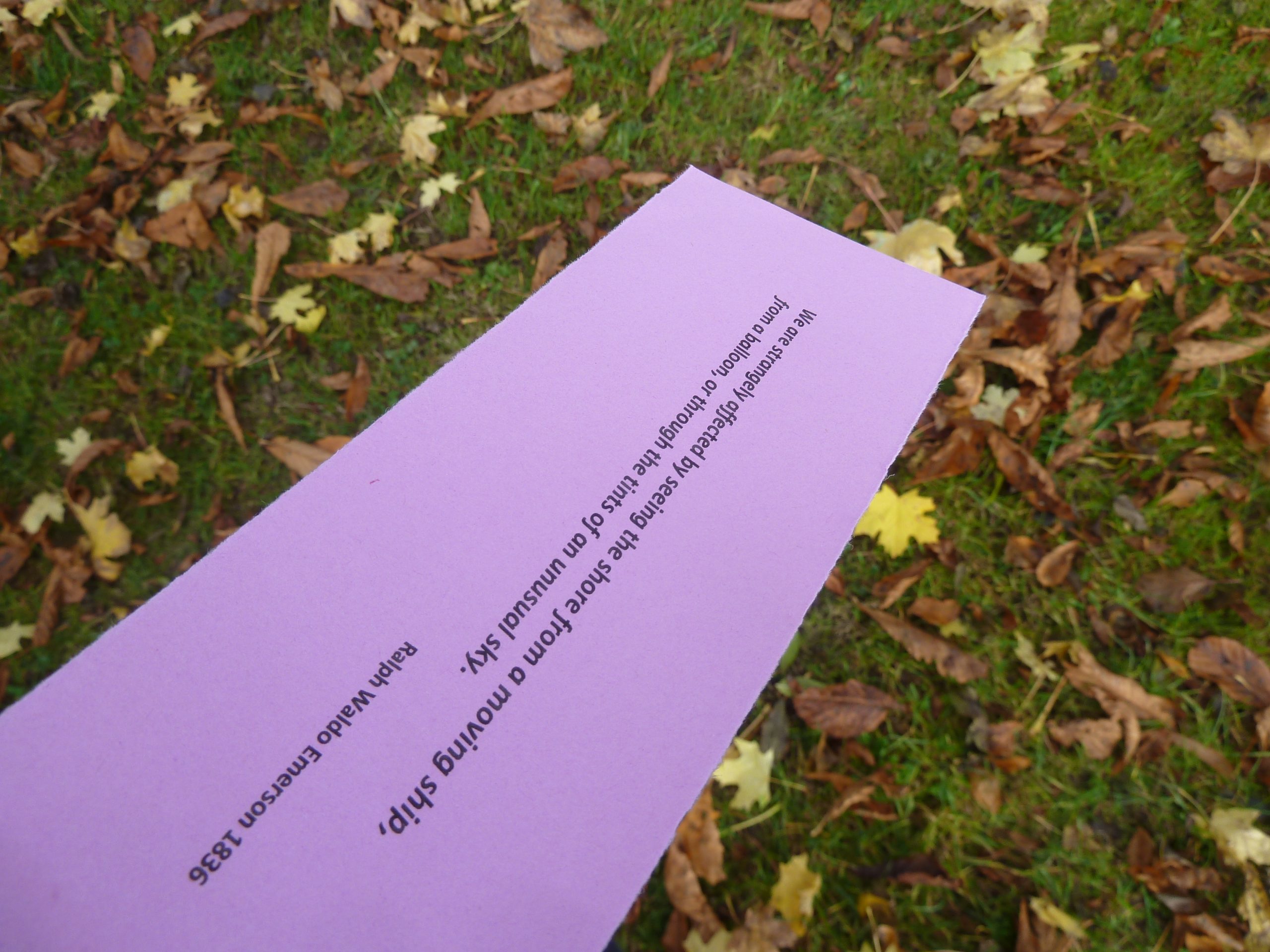 A poem printed on a piece of paper laying on grass covered by leaves