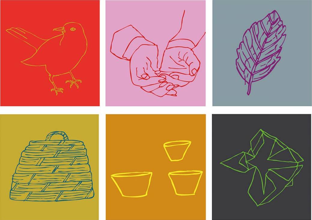 6 illustrations from top-left to bottom-right: Bird, hands making a cup shape, a leaf, a basket, 3 bowls, and a flower/folded paper.